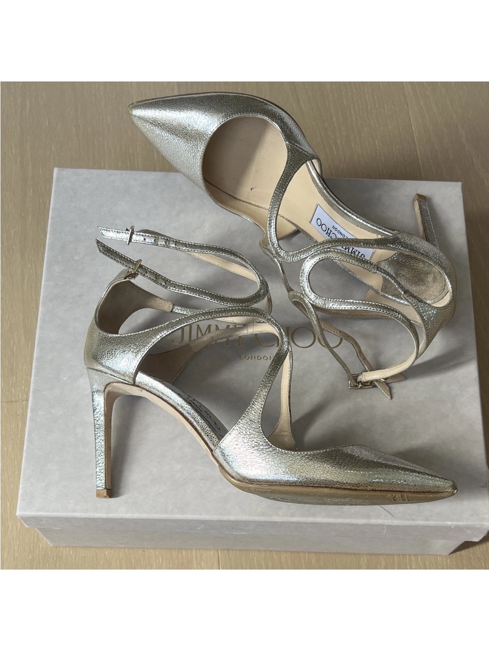 Jimmy Choo Lancer Champagne Metallic Leather Ankle Strap Heel EU 38.5